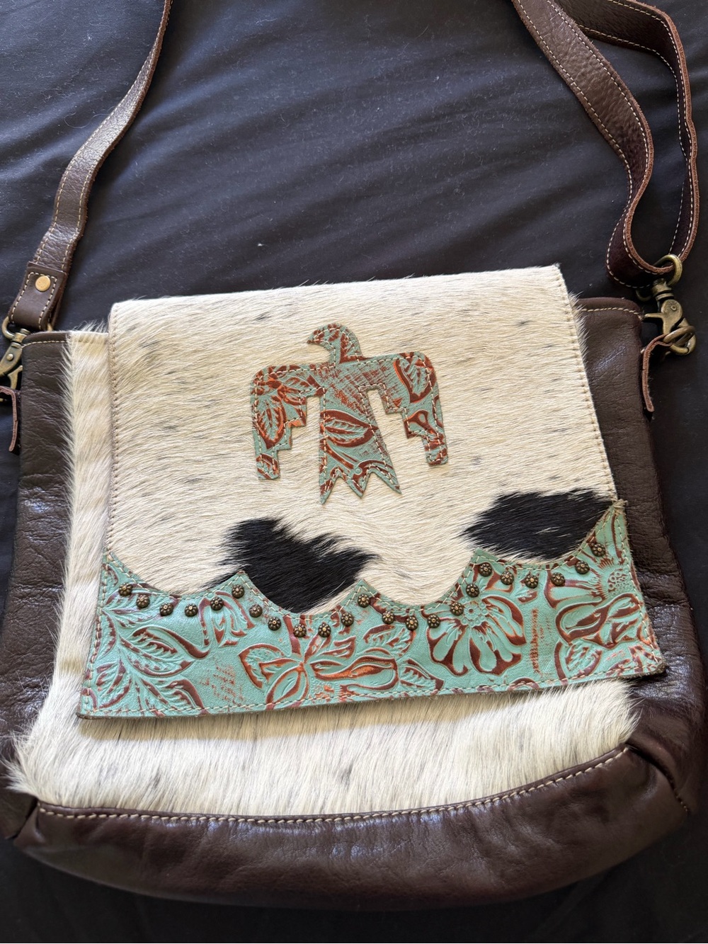 Myra Bag Brown Leather & White calfhair crossbody with Turquoise Tooled Accent